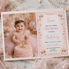Rosa Guld Prinsessa Krona Sagoberättelse 1-års föd Inbjudningar