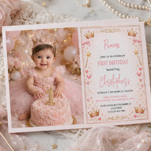 Rosa Guld Prinsessa Krona Sagoberättelse 1-års föd Inbjudningar