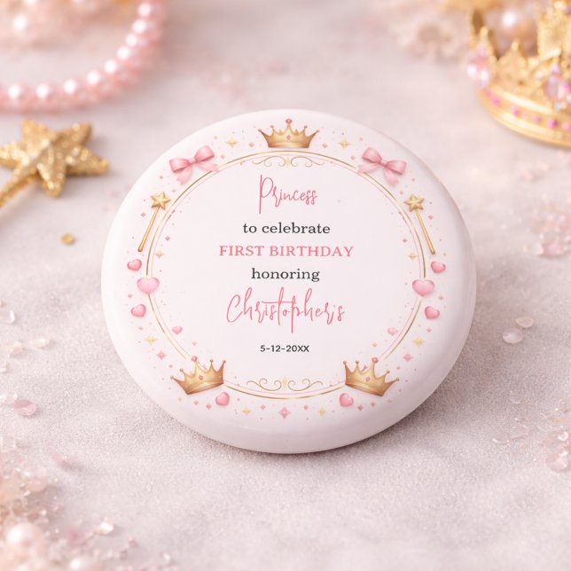 Rosa Guld Prinsessa Krona Sagoberättelse 1-års föd Knapp (Pink Gold Princess Crown Fairytale 1st Birthday Button
)