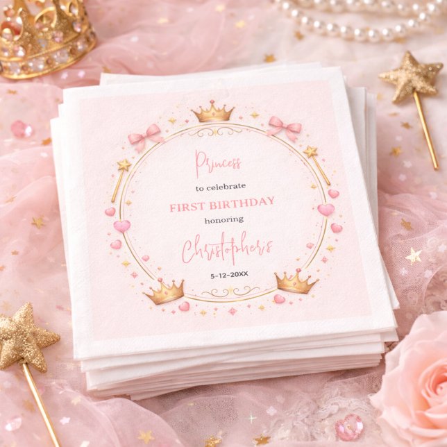 Rosa Guld Prinsessa Krona Sagoberättelse 1-års Föd Pappersservett (Pink Gold Princess Crown Fairytale 1st Birthday Napkins)