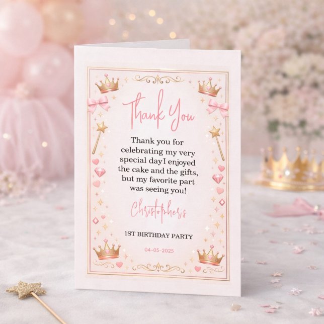 Rosa Guld Prinsessa Krona Sagoberättelse 1-års föd Tack Kort (Pink Gold Princess Crown Fairytale 1st Birthday Thank You Card
)