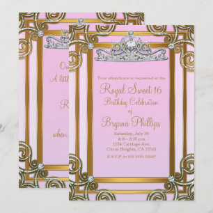 Rosa & Guld Prinsessa Krona Tiara Sweet 16 Fest Inbjudningar