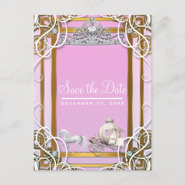 Rosa Guld Prinsessa Krona & Vagn Save the Date Meddelande Vykort (Framsida)