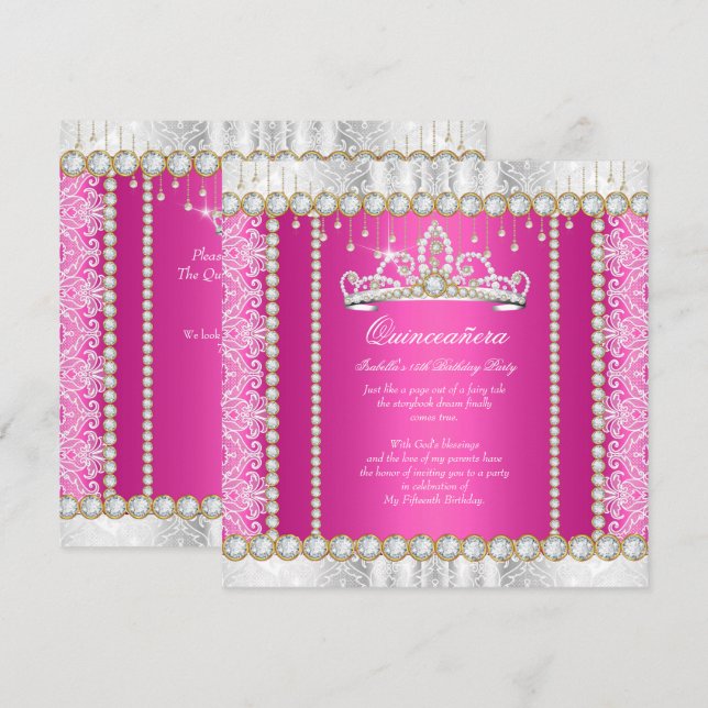 Rosa Guld Prinsessa Quinceanera Diamant Spets Inbjudningar (Fram/baksida)