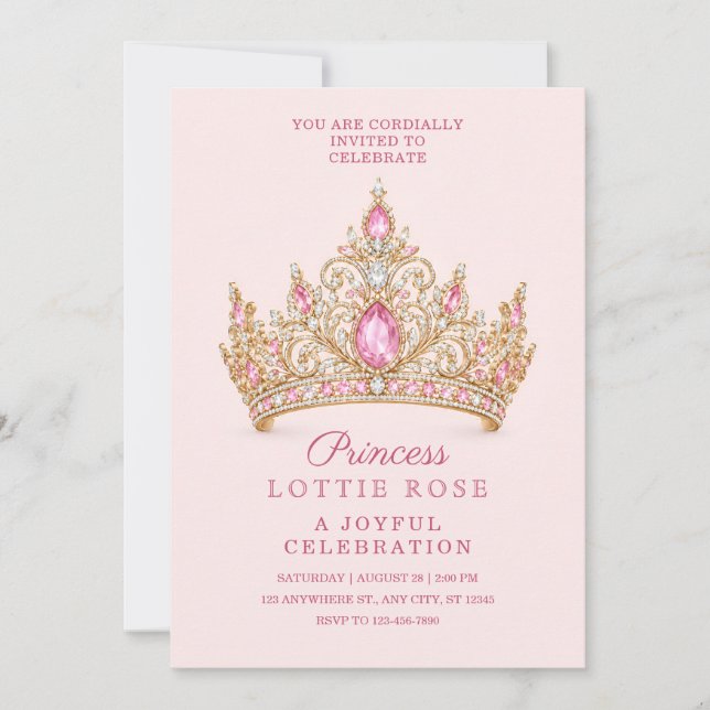 Rosa Guld Prinsessa Tiara Födelsedagsinbjudan Inbjudningar (Framsida)