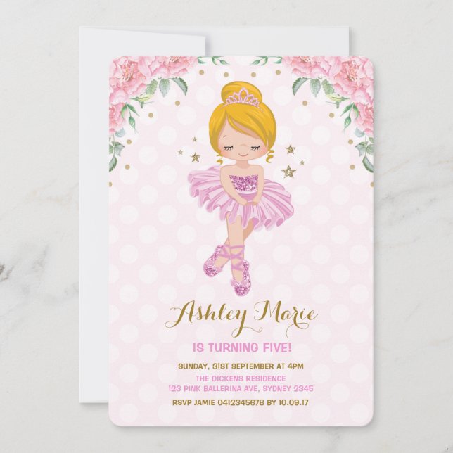Rosa Guld Prinsessan Ballerina Tutu födelsedag Inb Inbjudningar (Framsida)