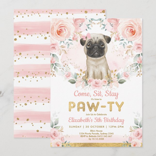 Rosa Guld Pug Girls Birthday Puppy Pet Hund Party Inbjudningar (Fram/baksida)