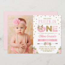 Rosa Guld Pumpkin 1:a födelsedag Inbjudan höstfäll