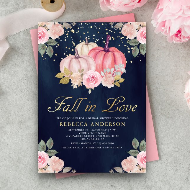 Rosa Guld Pumpkin Blommigt Navy Blue Möhippa Inbjudningar (Skapare uppladdad)