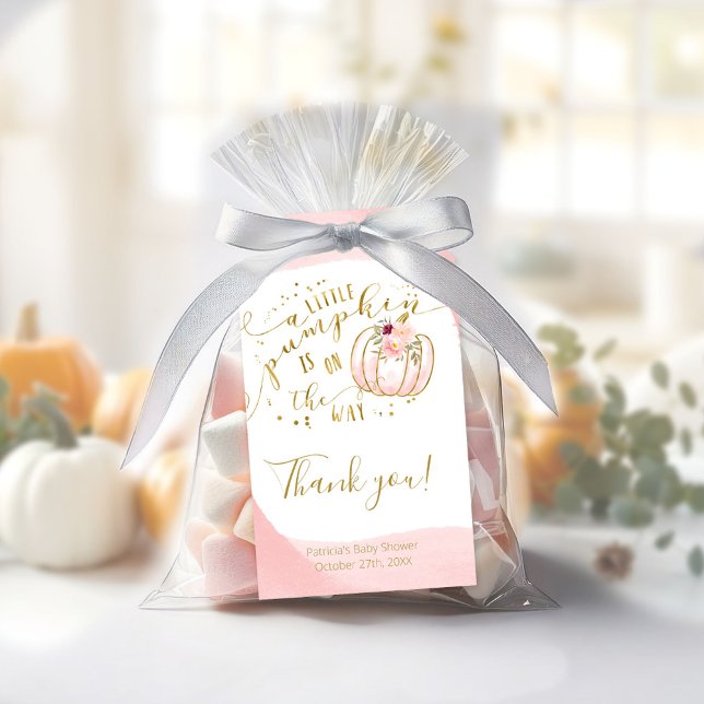 Rosa Guld Pumpkin Fall Baby Shower Tack Presentetikett (Skapare uppladdad)