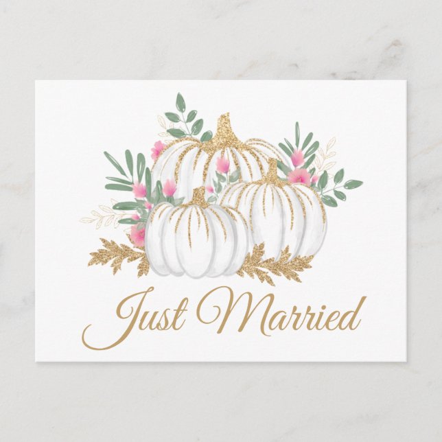 Rosa Guld Pumpkin Ny gifta Fall Wedding Meddelande Vykort (Framsida)