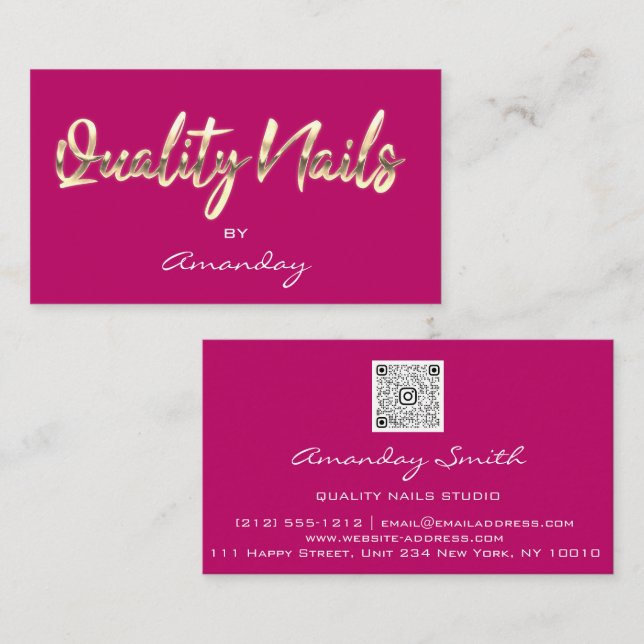 Rosa Guld Quality Nagel Script QR Code Logotyp Visitkort (Fram/baksida)