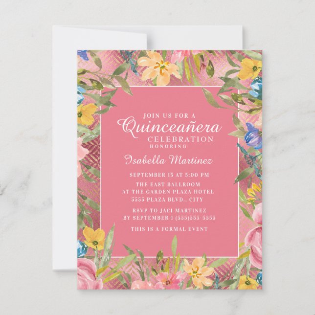 Rosa Guld Quinceañera Gul Blå Blommig Inbjudningar (Framsida)