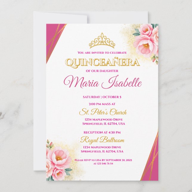 Rosa & Guld Quinceañera-inbjudan Inbjudningar (Framsida)