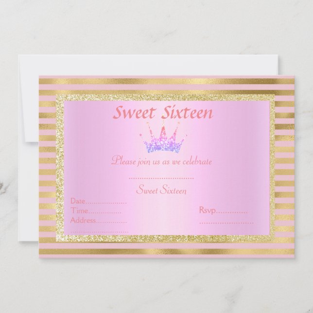 rosa guld rand sweet sixteen princess tiara inbjudningar (Framsida)