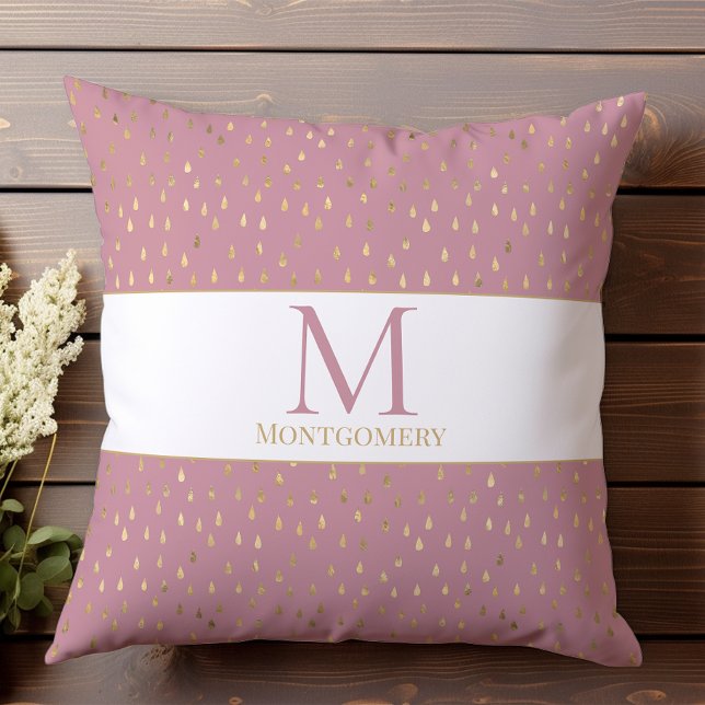 Rosa Guld Regndroppe Modern Trendig Monogram Kudde (Skapare uppladdad)