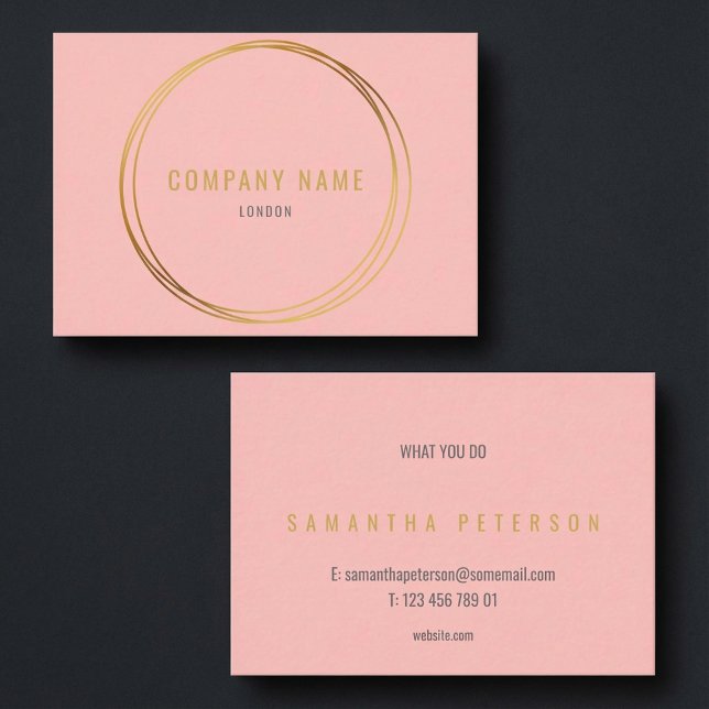Rosa, guld, ringar, professionell visitkort (Pink background, gold effect rings, professional business card.)