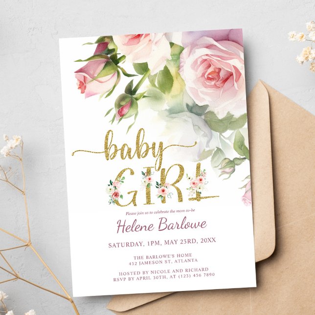  Rosa Guld Ro Blommigt Boho Girl Baby Shower Inbjudningar (Blush Pink Gold Rose Floral Boho Girl Baby Shower Invitation)