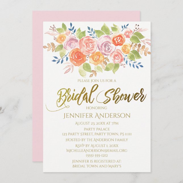 Rosa Guld Ro Blommigt Bouquet Möhippa Inbjudningar (Fram/baksida)