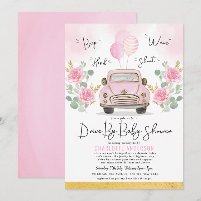 Rosa Guld Ro driver igenom Baby Shower för flickor Inbjudningar (Fram/baksida)