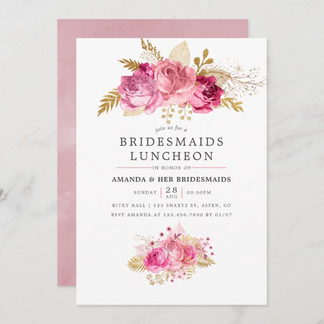 Rosa & Guld Ro Watercolor Bridesmaids Luncheon Inbjudningar (Fram/baksida)