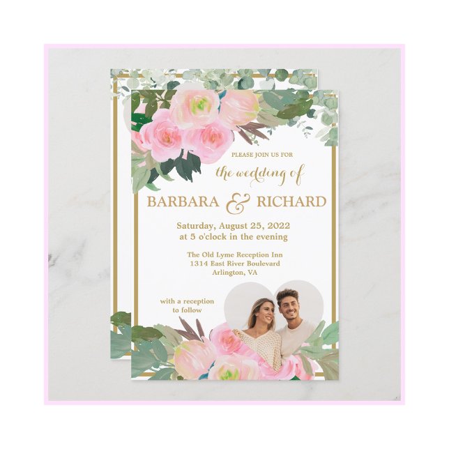  Rosa Guld Romantic Blommigt Foto QR Bröllop Inbjudningar (Skapare uppladdad)