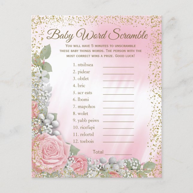 Rosa Guld Ros Babys Kornsand Baby Shower Spel Flygblad (Framsidan)