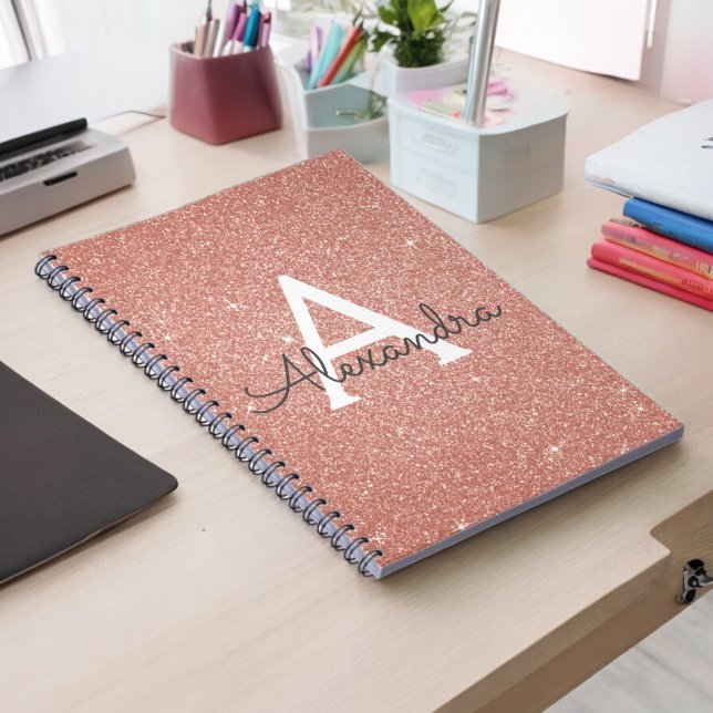 Rosa Guld Rosa Glitter Gnistrande Monogram Anteckn Anteckningsbok (Skapare uppladdad)