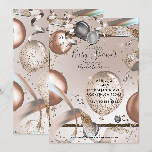 Rosa Guld Rosa Glitterballonger Bebisens Första Da Inbjudningar (Fram/baksida)