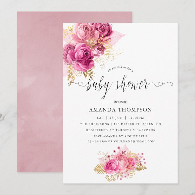 Rosa & Guld Roser Akvarell Baby Shower Inbjudningar (Fram/baksida)