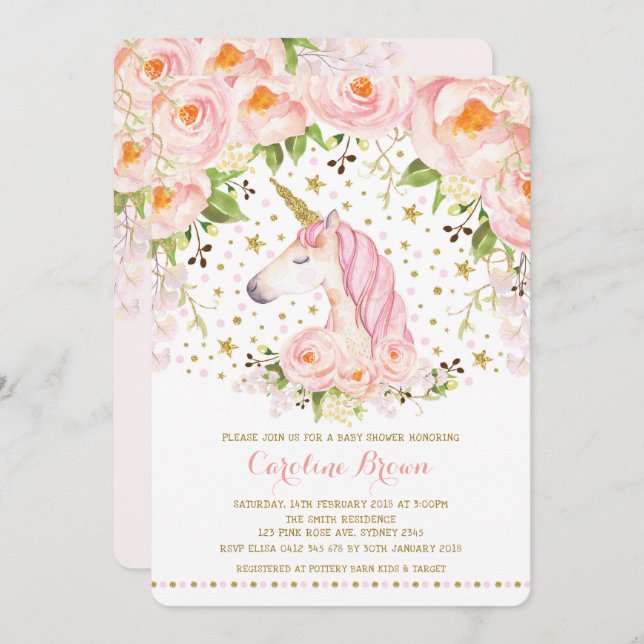  Rosa Guld Rosor Blommigt Unicorn Baby Shower Inbjudningar (Fram/baksida)
