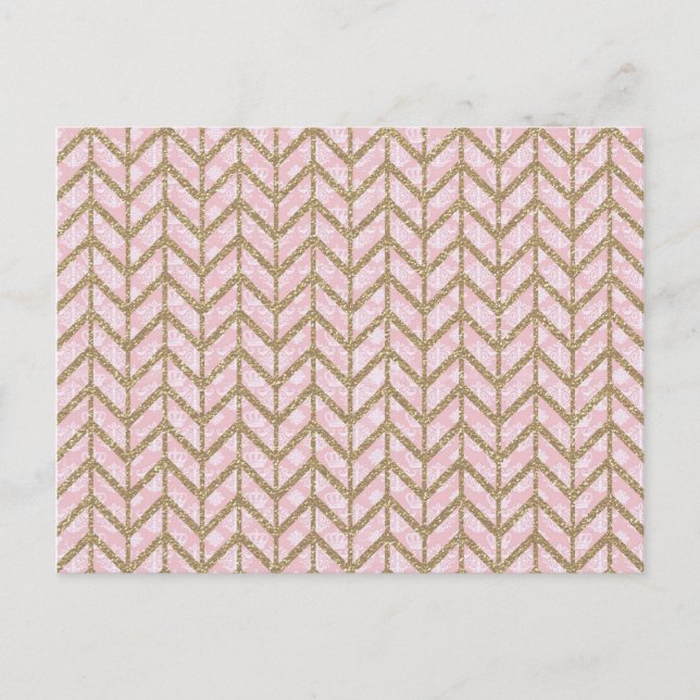 Rosa Guld Royal Damask Chevron Glitter Photo Print Vykort (Framsida)