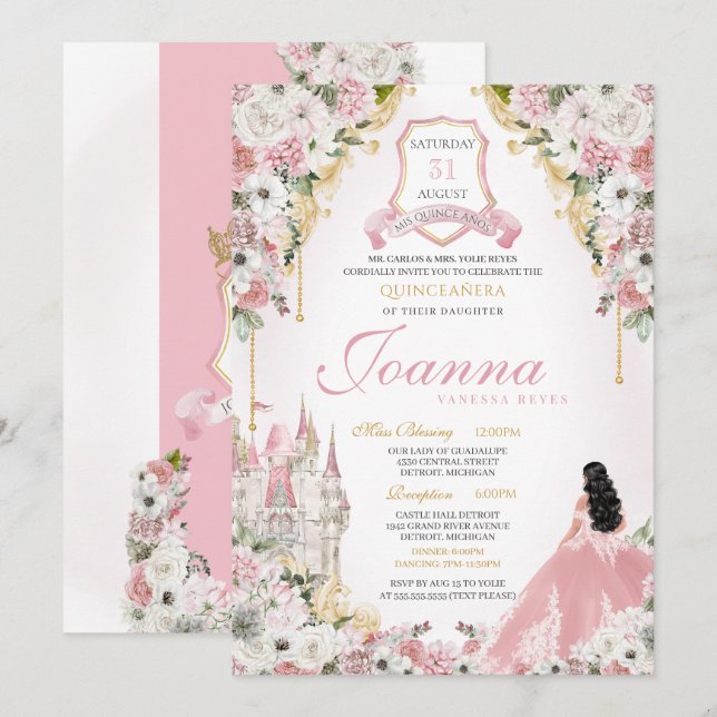  Rosa Guld Royal Princess Castle Quinceanera Inbjudningar (Fram/baksida)