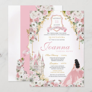 Rosa Guld Royal Princess Castle Quinceanera Inbjudningar