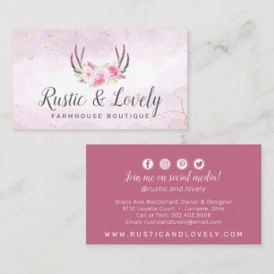 Rosa Guld Rustic Blommigt Antlers Social Media Visitkort