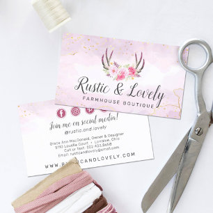 Rosa Guld Rustic Blommigt Antlers Social Media Visitkort