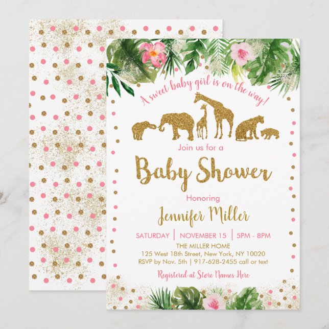 Rosa & Guld Safari Animal Baby Shower Inbjudningar (Fram/baksida)