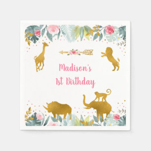 Rosa Guld Safari Animal Greenery Birthday Pappersservett