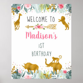 Rosa Guld Safari Animal Greenery Birthday Välkomme Poster