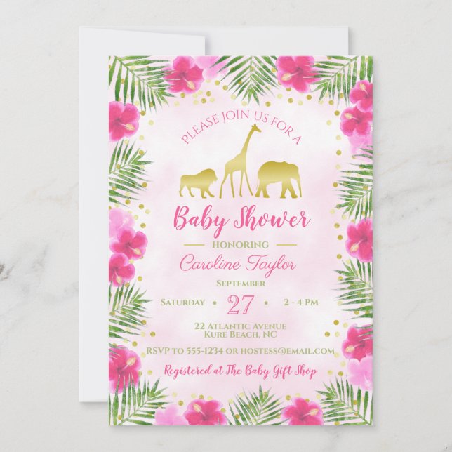 Rosa Guld Safari Animals Blommigt Baby Shower Inbjudningar (Framsida)