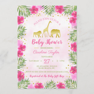 Rosa Guld Safari Animals Blommigt Baby Shower Inbjudningar