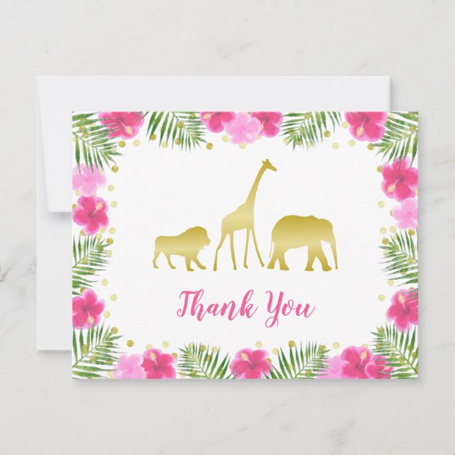 Rosa Guld Safari Animals Blommigt Baby Shower Tack Kort (Framsida)