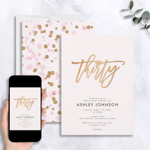  Rosa & Guld Script Confetti 30års födelsedag Inbjudningar