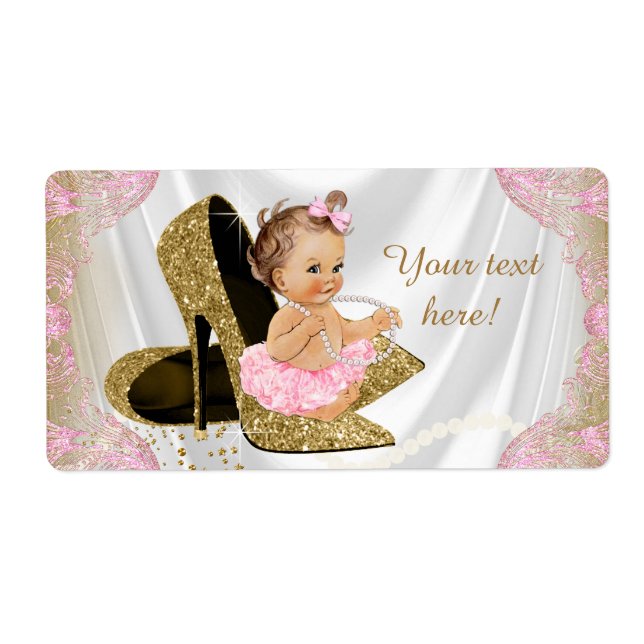 Rosa Guld Shoe Baby Shower Vattenflaska Labels Fraktsedel (Framsidan)
