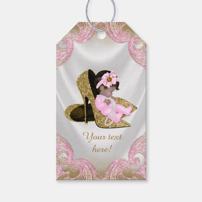 Rosa Guld Shoe Ethnic Girl Baby Shower Presentetikett (Framsidan)