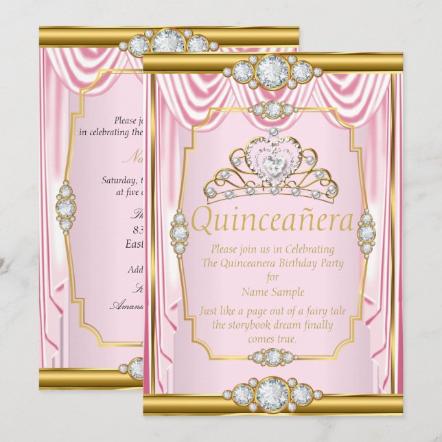 Rosa Guld Silke Princess Quinceanera  Inbjudan (Fram/baksida)