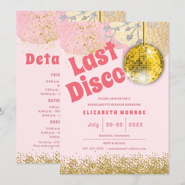 Rosa Guld Sista Disco Retro Glam Sjungmöhipp Inbjudningar (Fram/baksida)