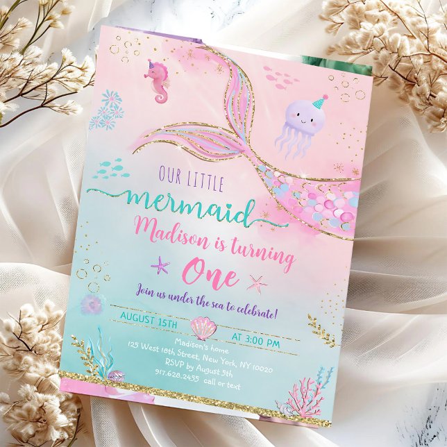 Rosa Guld Sjömermaid Födelsedagsfest Under Havet Inbjudningar (Skapare uppladdad)