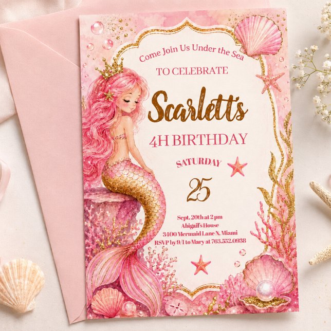 Rosa & Guld Sjöröding Födelsedagsinbjudan Kort (Skapare uppladdad)