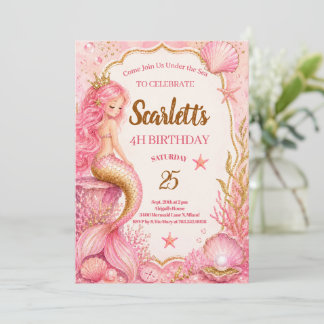 Rosa & Guld Sjöröding Födelsedagsinbjudan Kort